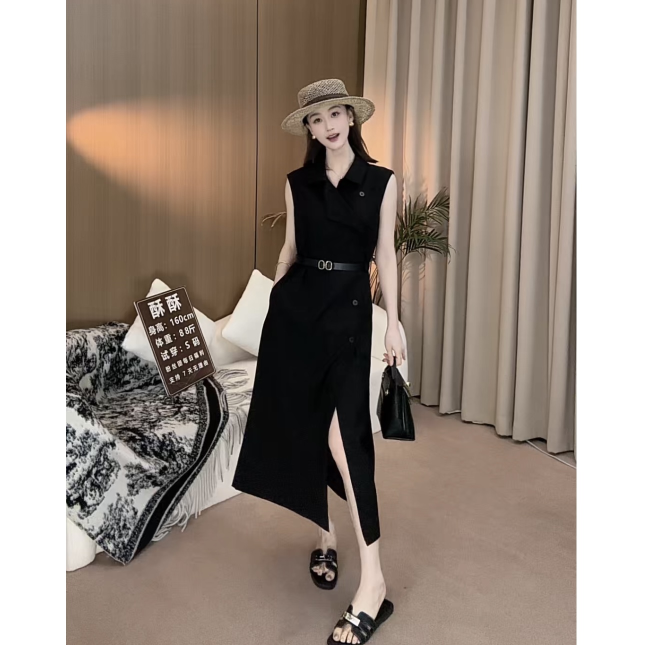 2025夏季新款通勤气质御姐范高级感翻领设计感连衣裙加腰带两件套