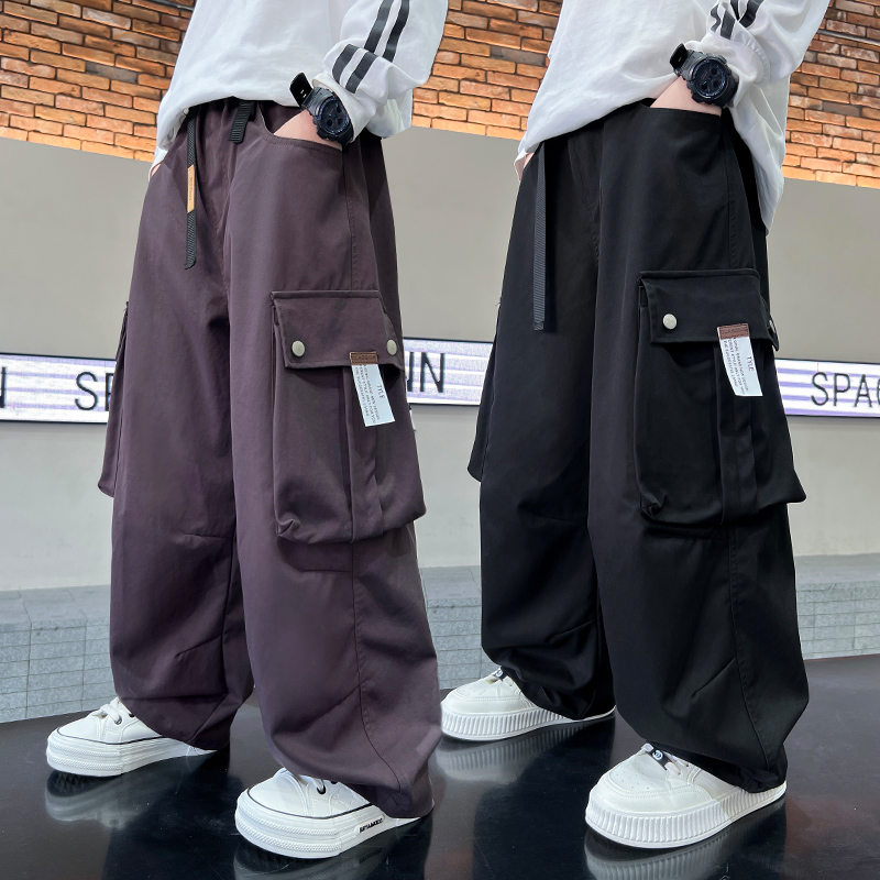 男童春季工装直筒裤2025新款中大童春秋阔腿休闲儿童长裤松紧带裤