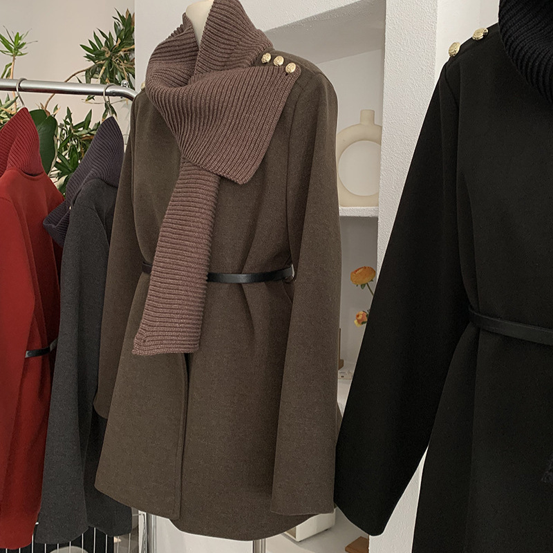 欧玛莱 可拆针织围脖中长款圆领长袖毛呢外套新款纯色上衣女