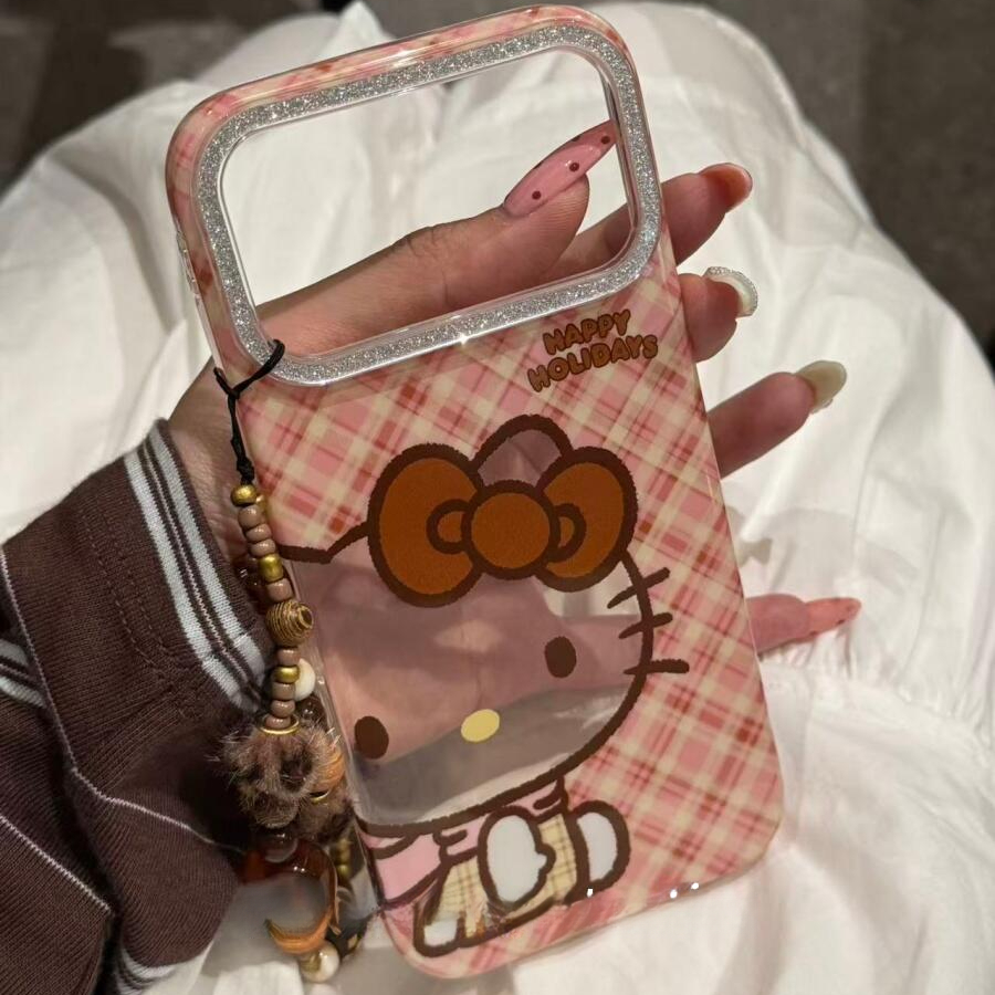 可爱卡通格纹镂空坐姿凯蒂猫适用苹果17/16pro手机壳15保护套1413