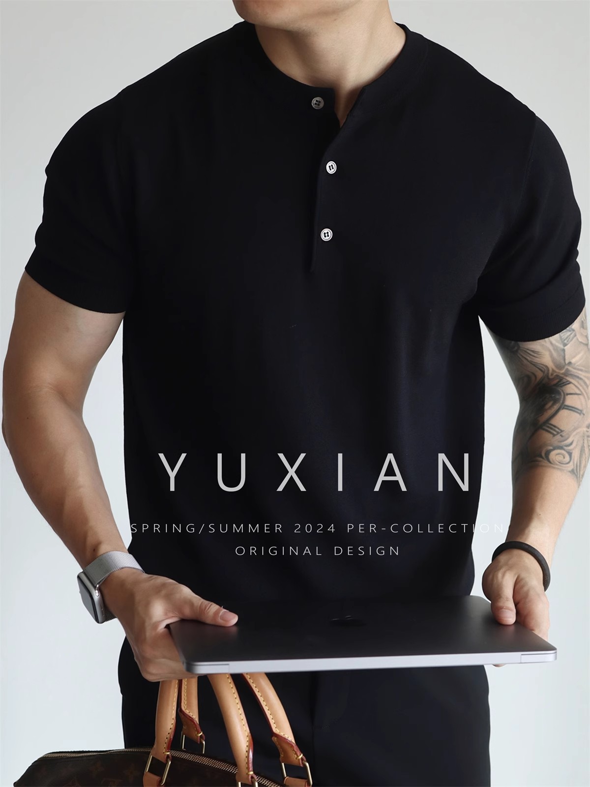 YUXIAN美式亨利领纯色凉感复古针织短袖T恤春夏冰丝高密弹力男士