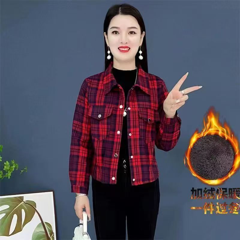 秋冬加绒保暖格子衬衫短外套舒适百搭休闲小个子上衣女士长袖初春