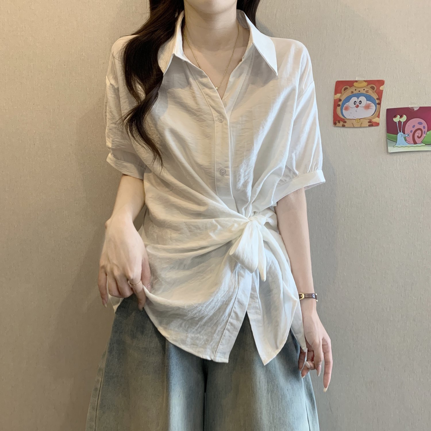 夏季爆款不规则收腰系带显瘦短袖衬衫大码女装胖mm遮肚子衬衣上衣