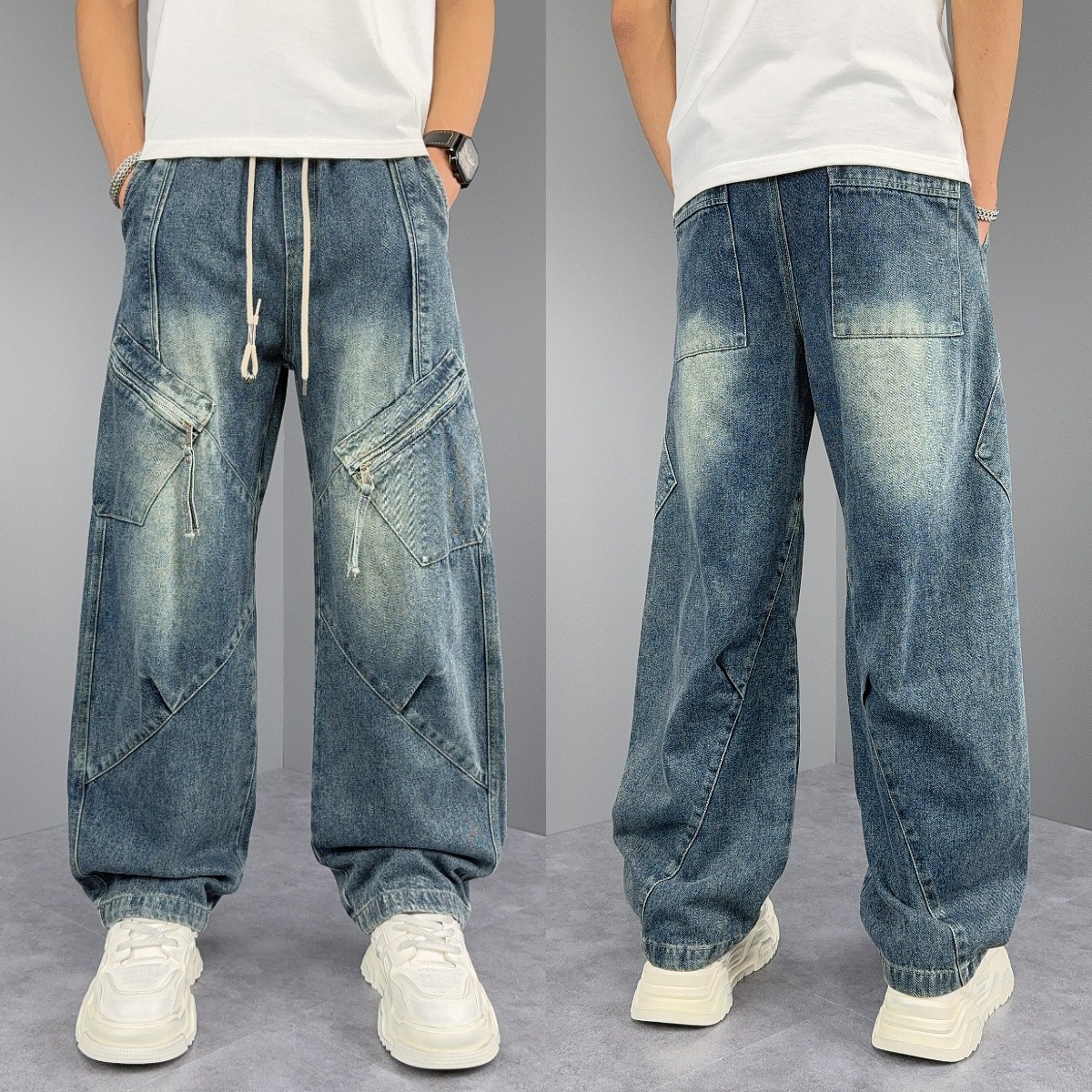 重磅多口袋拼接牛仔裤秋季新款男宽松阔腿工装裤痞帅时尚休闲长裤