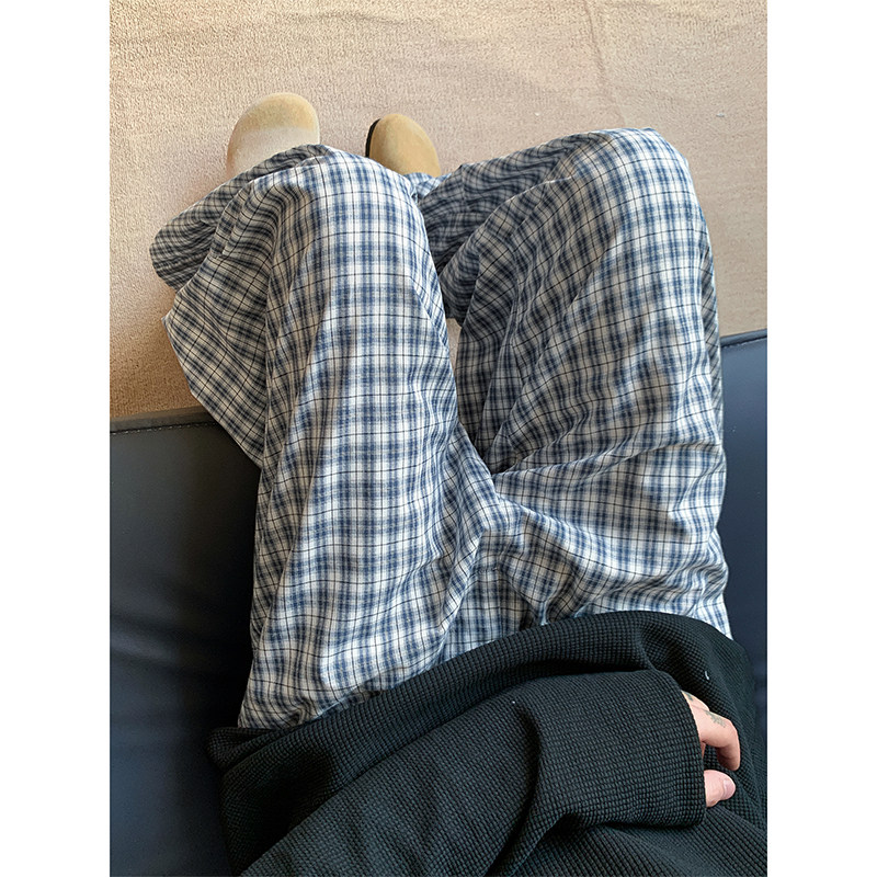 浅灰色复古泡泡格子长裤男秋季美式休闲宽松百搭情侣垂感阔腿裤子