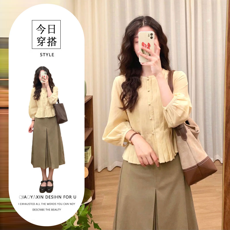 夏季搭配一整套2025超火韩系穿搭褶皱衬衫显瘦半身裙时尚两件套装
