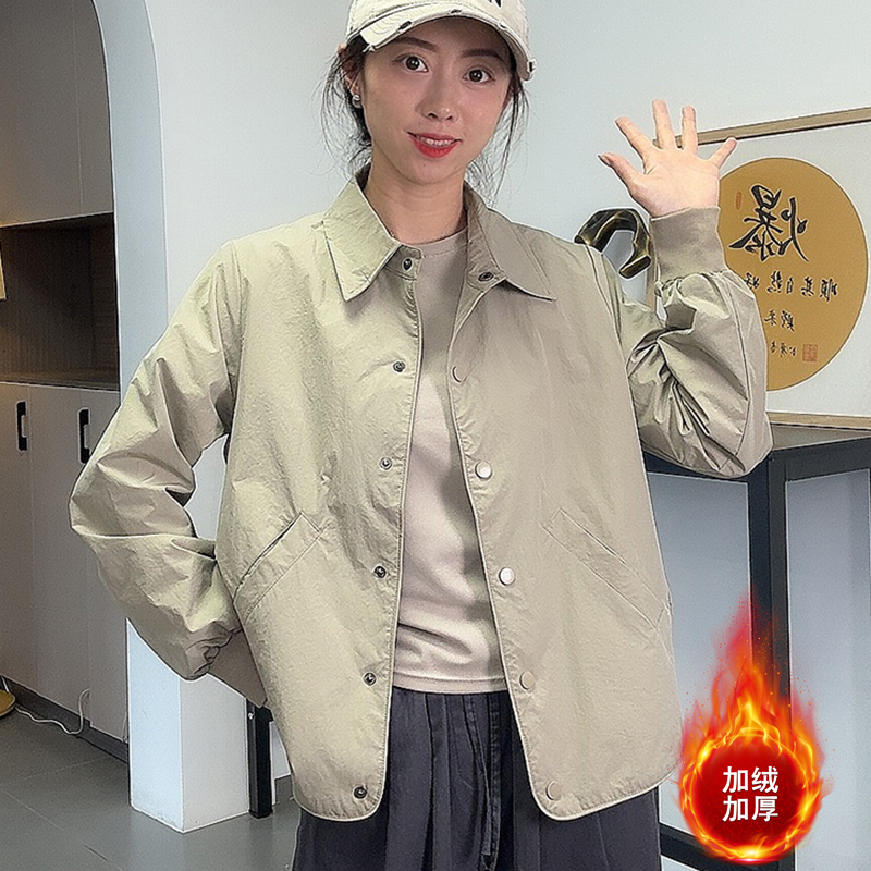 秋冬加绒时尚运动外套防水短款加厚开衫女设计感夹克休闲上衣保暖