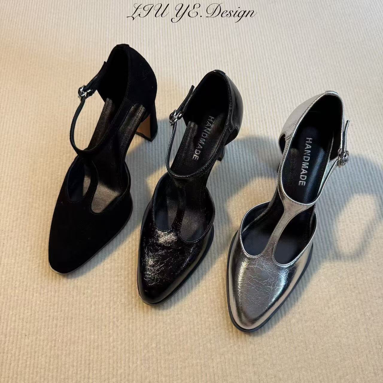 六也· T字型皮面绒面高跟鞋｜细带玛丽珍尖头复古春夏凉鞋女L599