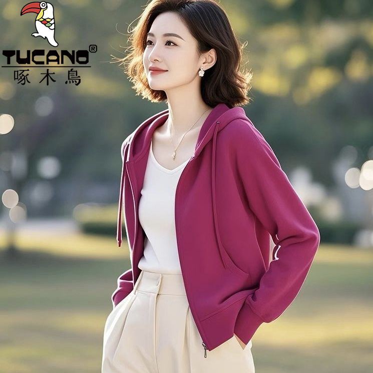 啄木鸟纯棉拉链外套百搭时尚运动休闲显瘦爆款连帽卫衣慵懒风纯色