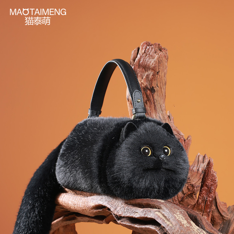 猫泰萌可爱猫咪包手拎包斜挎包黑色毛绒穿搭时尚单肩包包生日礼物