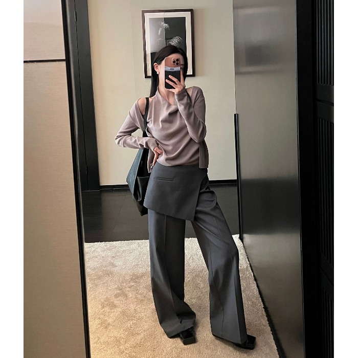 灰色假两件拼接高腰休闲裤女夏季设计感西装裤显瘦垂感阔腿拖地裤