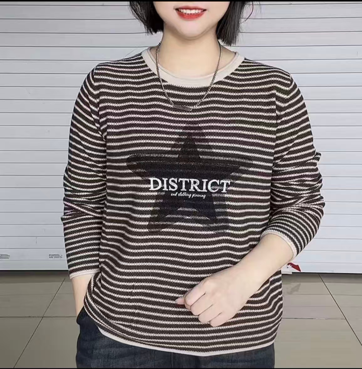 时尚条纹针织衫女士百搭毛衣2025年新款印花拼色套头长袖针织衫