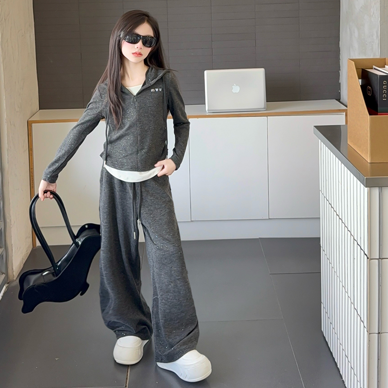 女童套装春秋2025新款儿童连帽卫衣两件套洋气时髦休闲中大童女孩