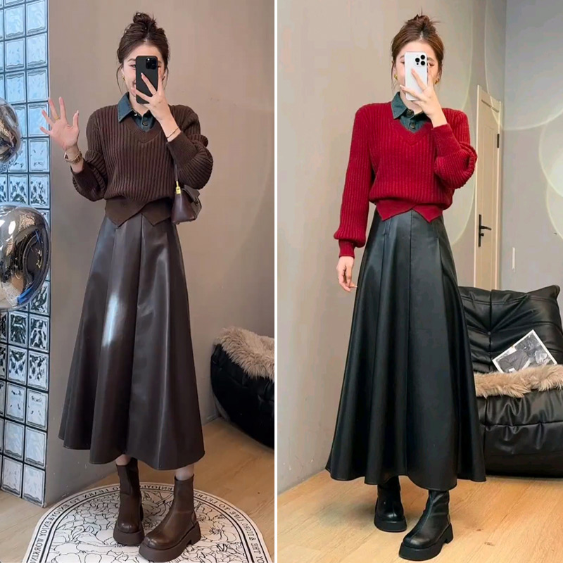 时尚套装假两件拼接牛仔领针织毛衣女秋冬显瘦高腰半身皮裙两件套