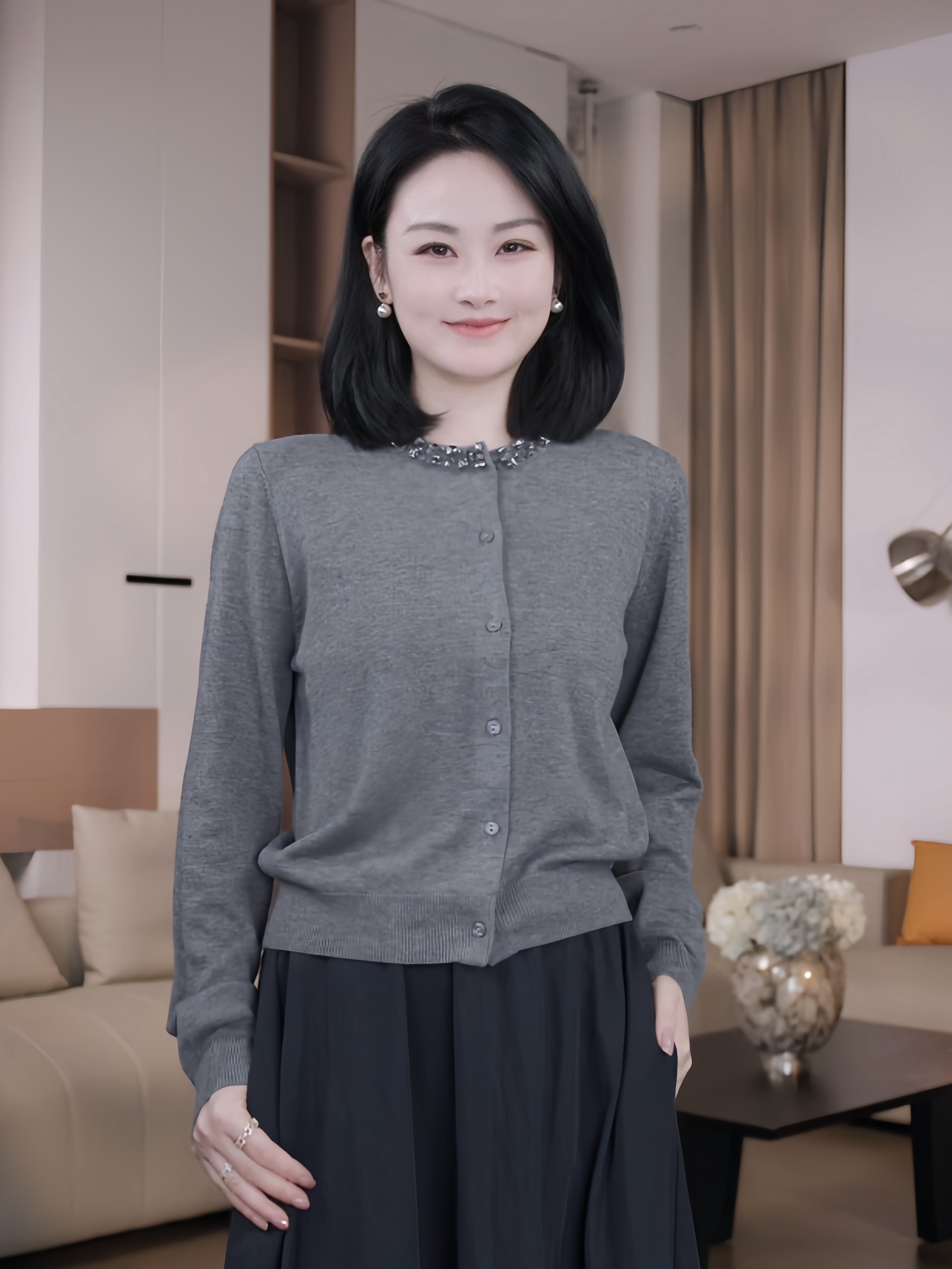 Nuovo Borgo 小香风领口镶钻长袖针织开衫修身显瘦圆领上衣女8005