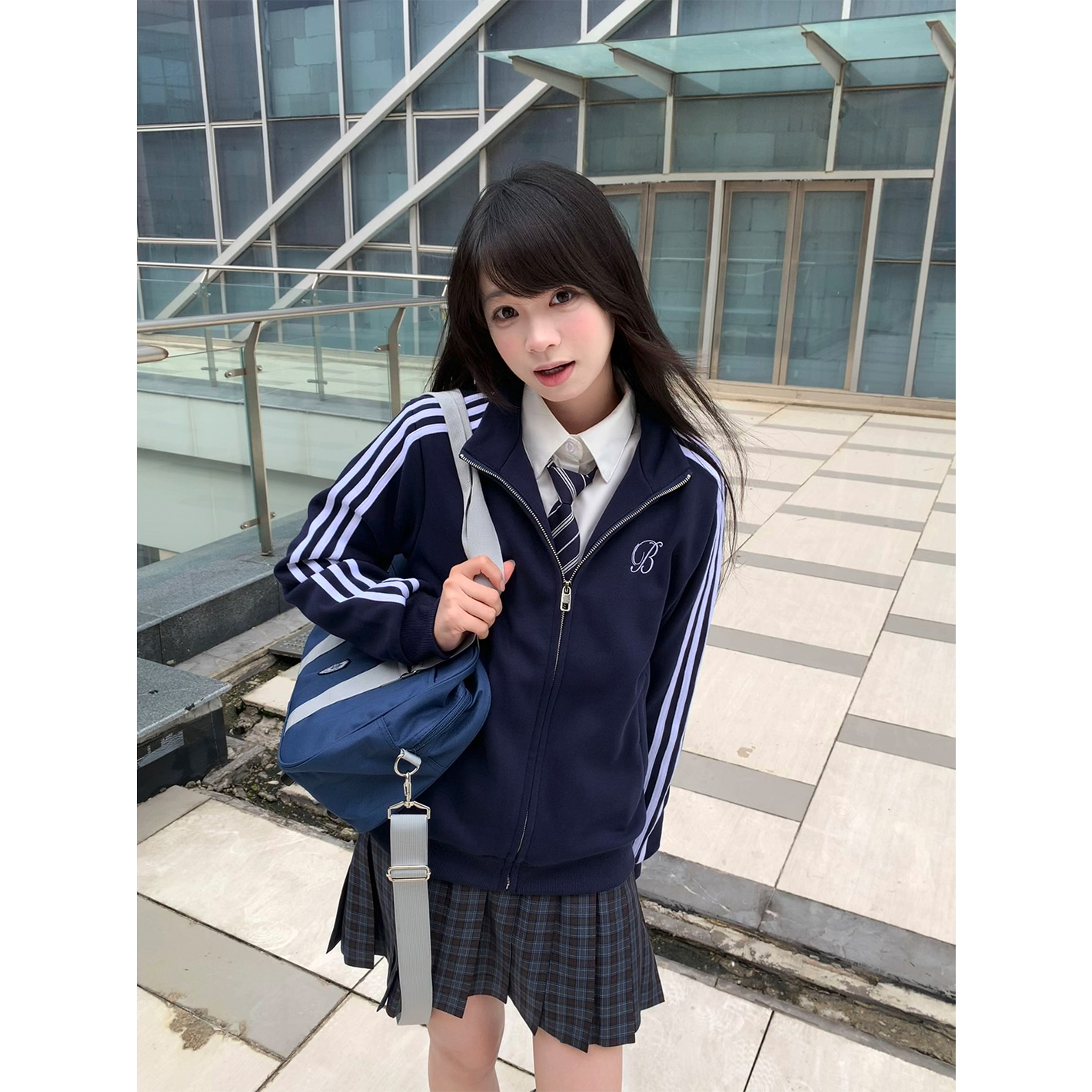 冰淇淋与鲸原创JK制服学院风体操服绀色休闲外套拼接三条杠开衫秋