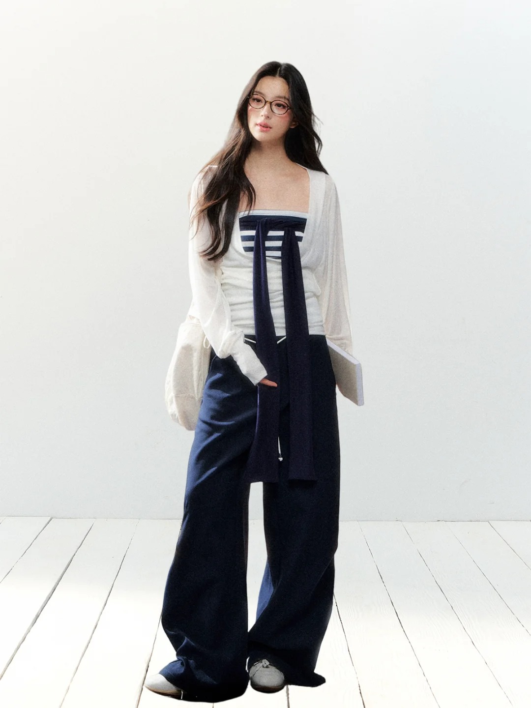 多种穿法条纹撞色系带抹胸上衣慵懒长袖罩衫+高腰阔腿裤时尚套装