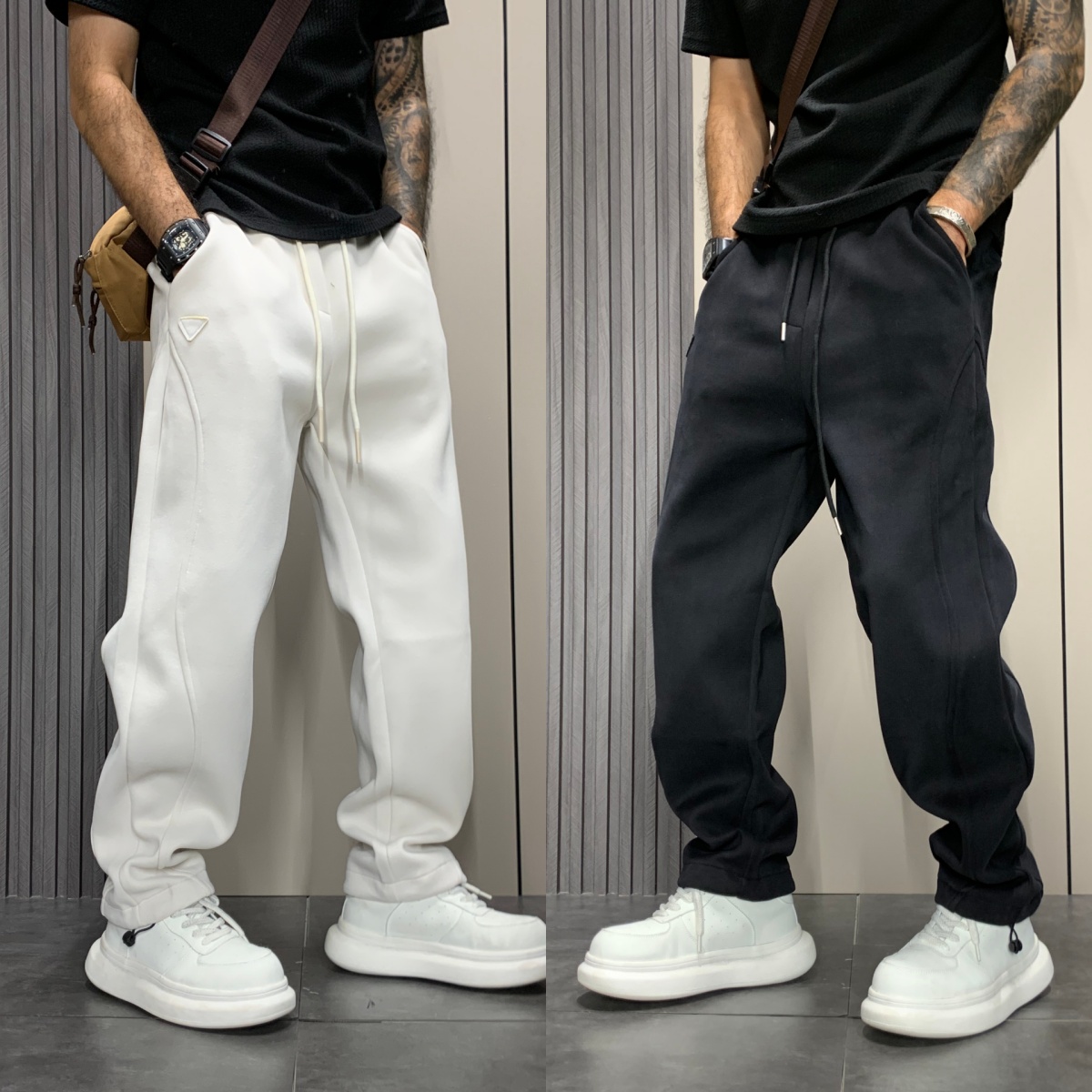 秋冬加绒男士休闲裤立体裁剪宽松加厚潮流百搭松紧卫裤修身直筒裤