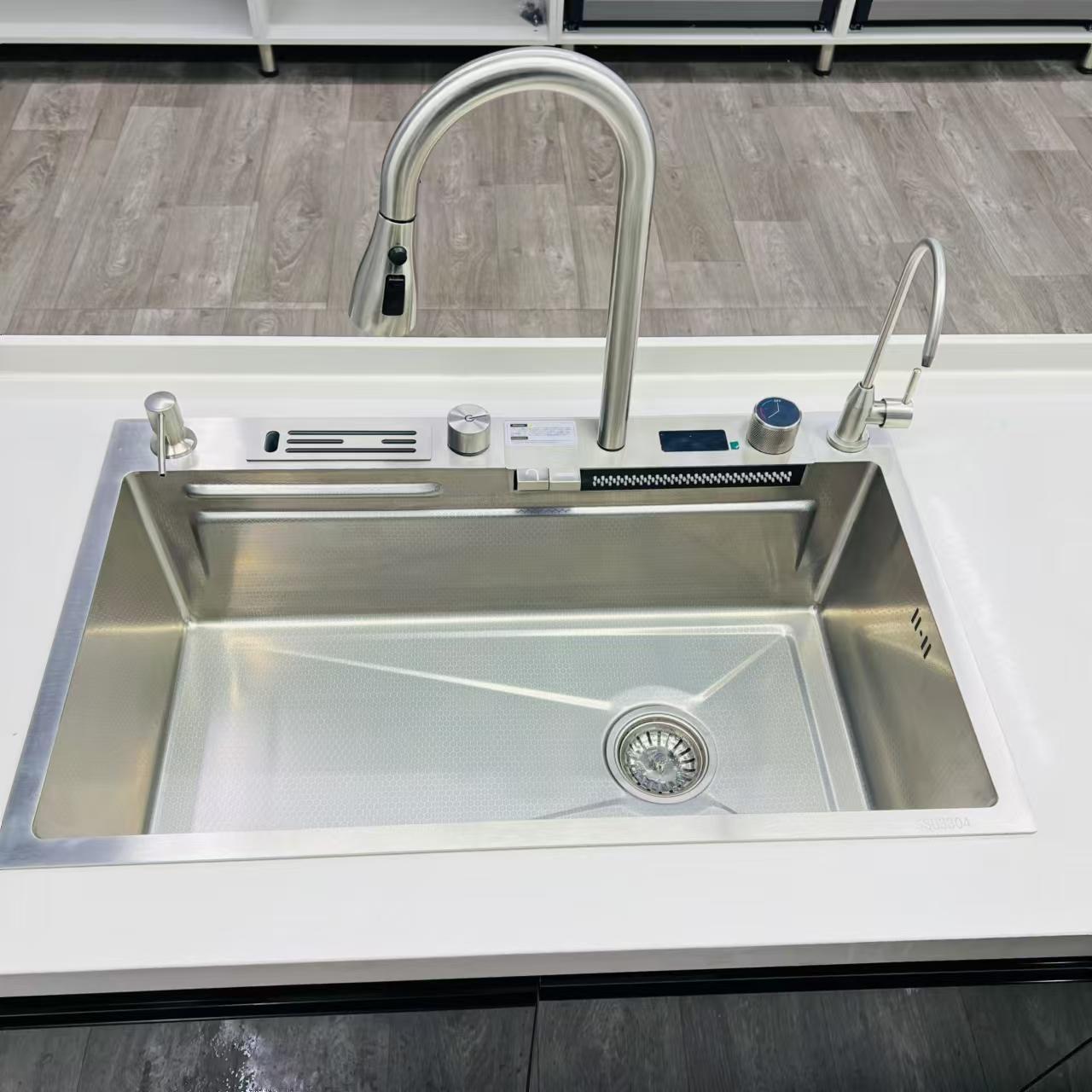 多功能原色食品级5.0加厚304不锈钢飞雨瀑布水槽大单槽厨房洗菜盆