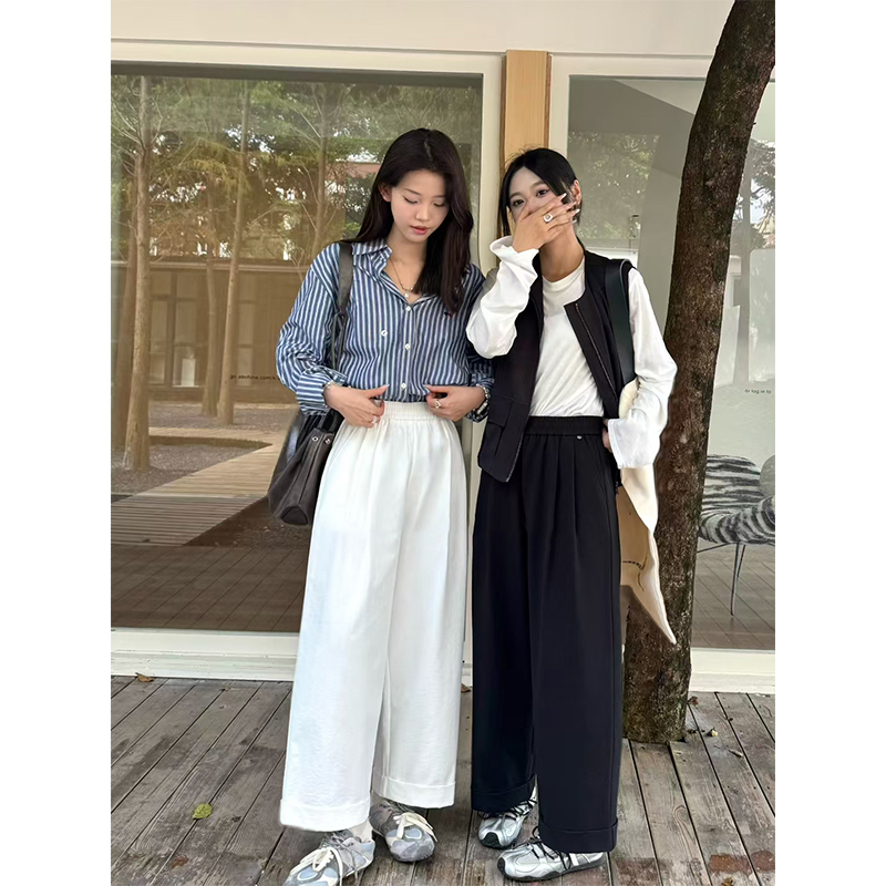 日韩系百搭翻卷边笔挺洗水棉阔腿裤女秋复古洋气质直筒九分休闲裤