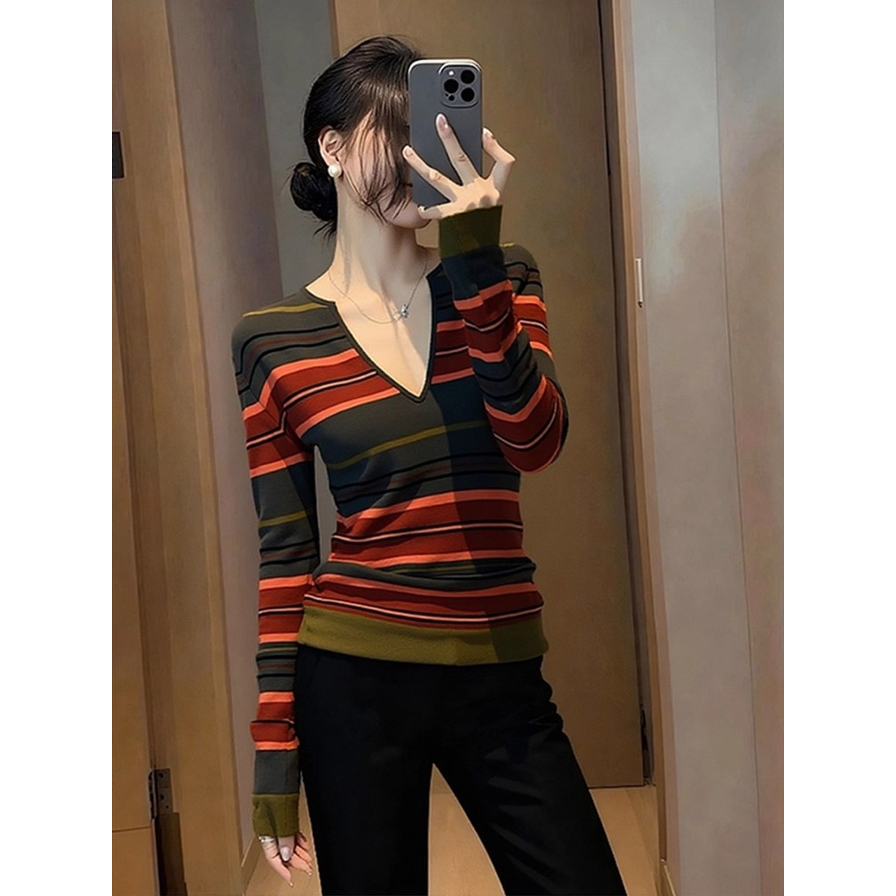 秋冬超好看复古条纹v领针织打底衫女内搭设计感修身正肩上衣小众