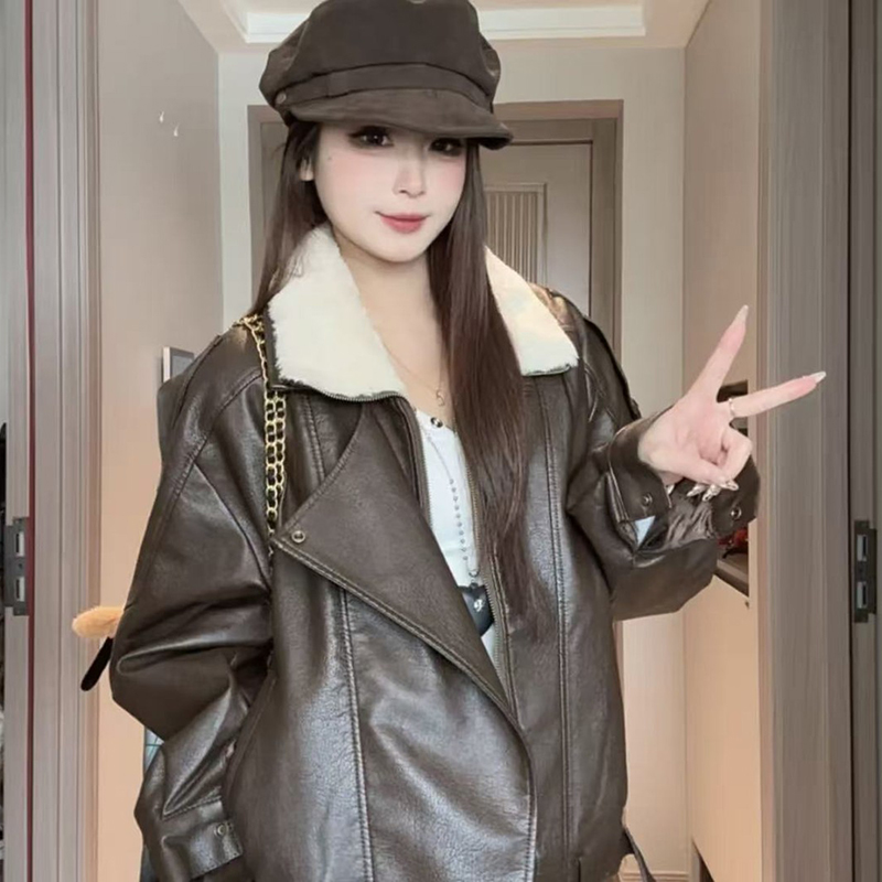 复古港风双层领高级感皮衣外套女冬季新款休闲机车服夹克加绒加厚