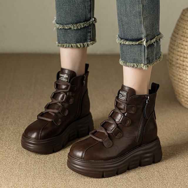 马丁靴女款2025新款冬款加绒内增高女鞋8cm真皮短靴厚底靴子棉鞋