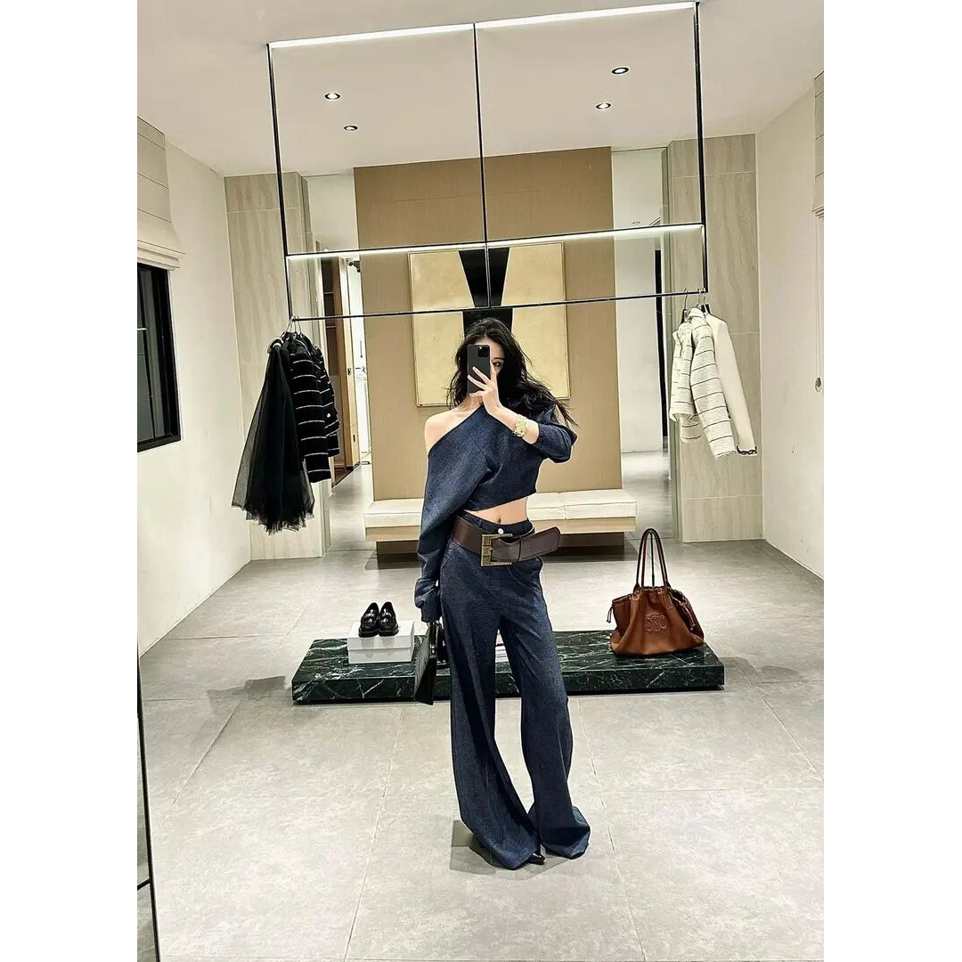 2025春季新款气质一整套穿搭复古高级感斜肩上衣百搭阔腿裤套装