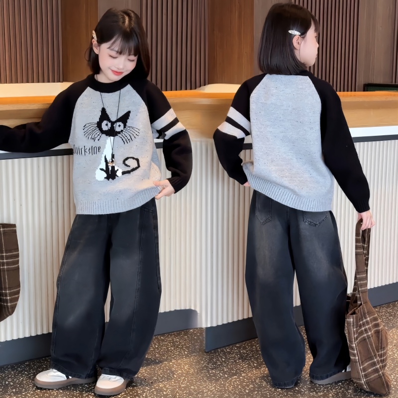 女童春秋季套装2025新款小猫拼色针织毛衣女大童牛仔弯刀裤两件套