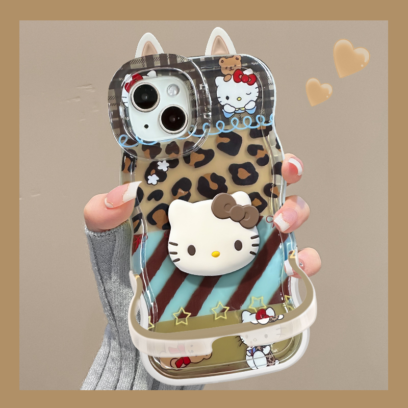 豹纹kt适用苹果15华为oppo/vivo小米iPhone板凳双支架卡通手机壳