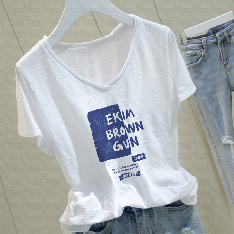 卷边V领竹节棉宽松短袖t恤女士夏季印花时尚洋气气质显瘦纯棉女装