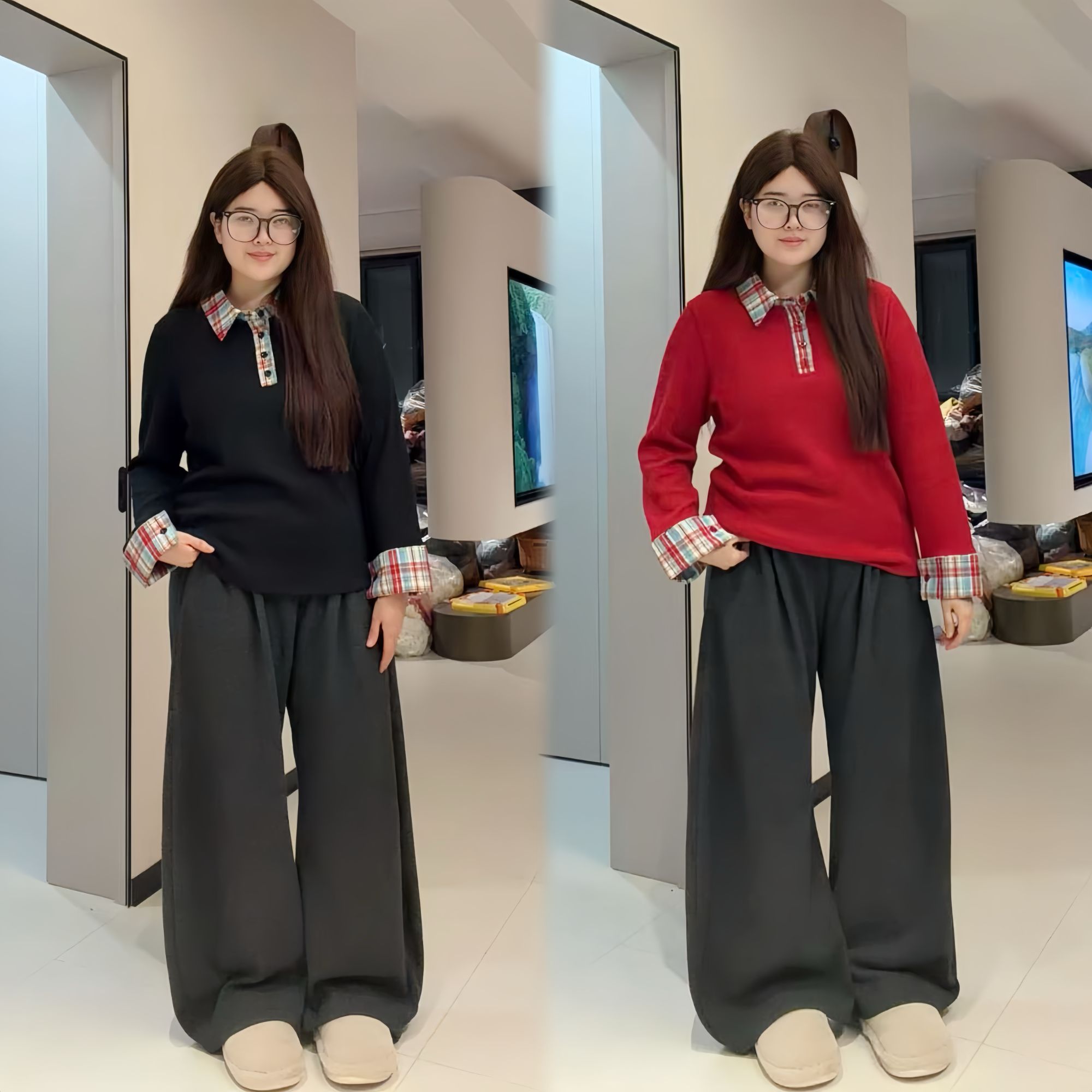 新款学院风大码polo领复古格纹拼接T恤高腰显瘦糯米裤套装