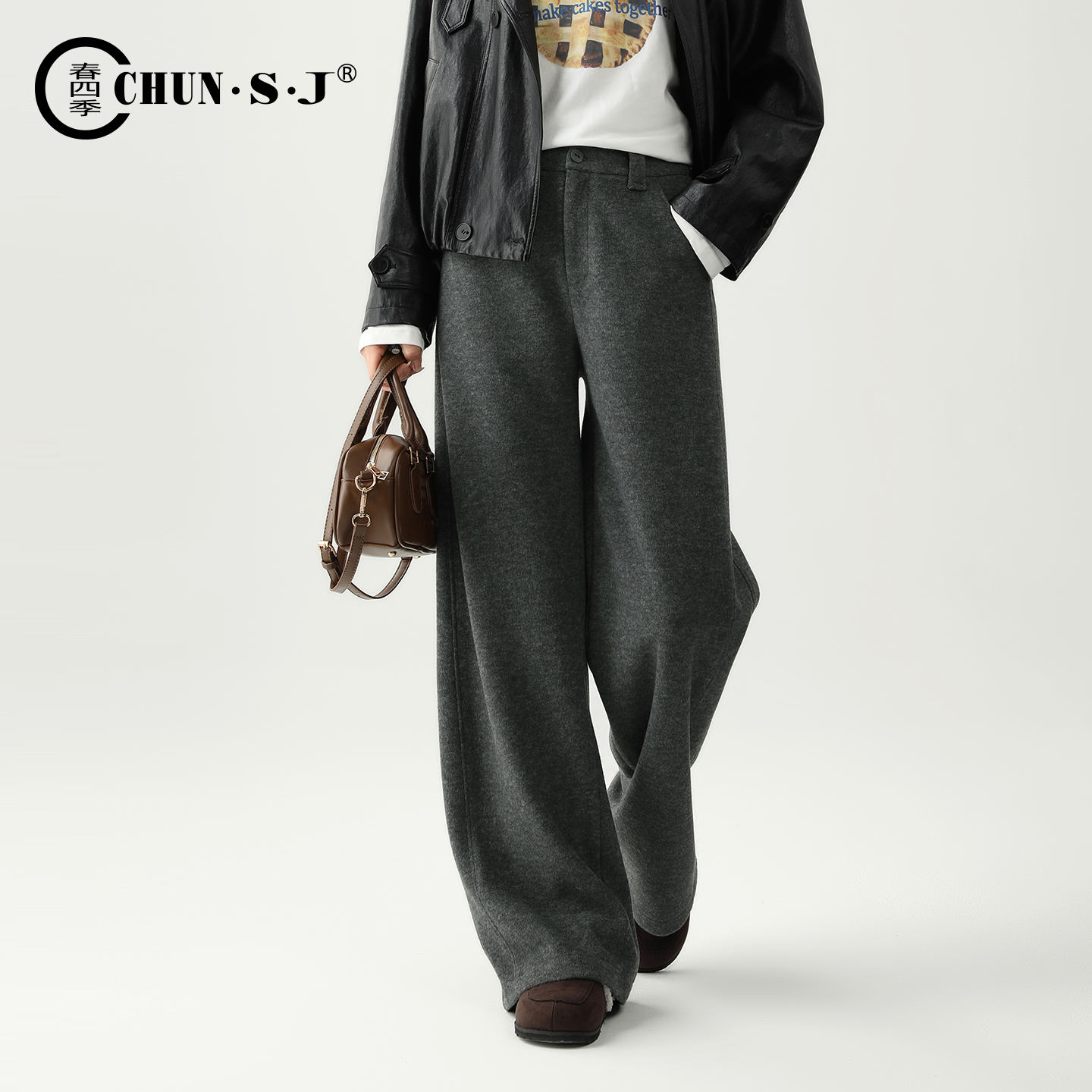 冬季加厚高端羊毛显瘦灰色毛呢阔腿裤女2025宽松慵懒风裤子直筒裤