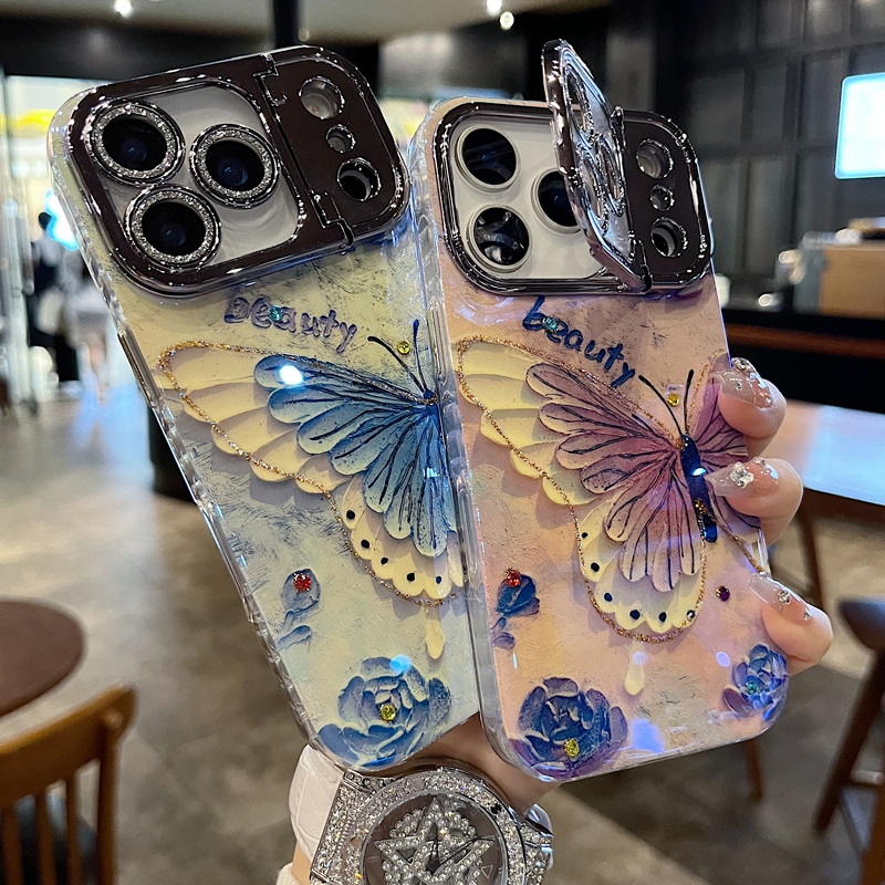 适用苹果系列iPhone17新款手机壳优雅蓝白蝴蝶银灰色闪粉镜头支架