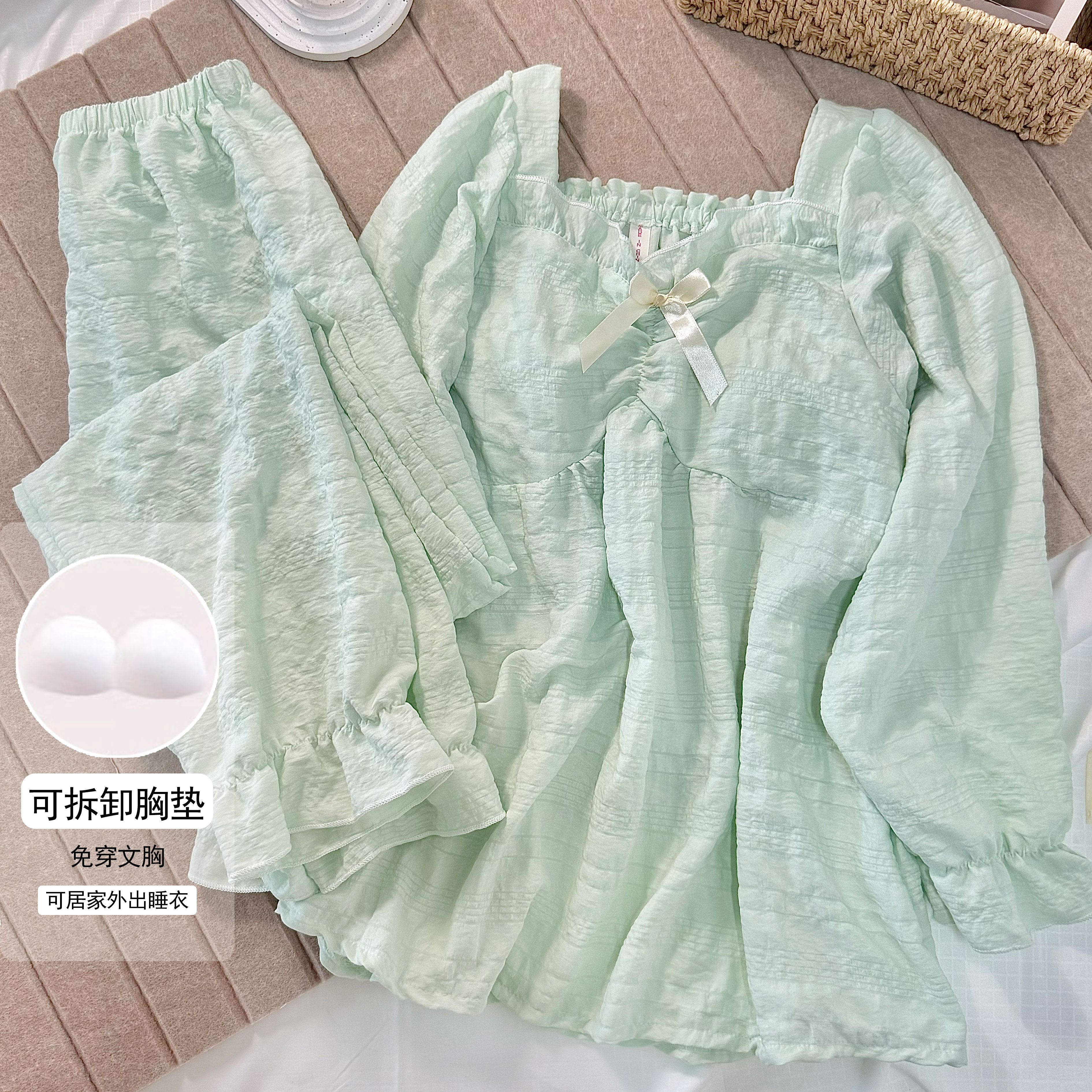 秋冬新款带胸垫长袖睡衣女云朵棉绉绉格甜美睡衣女款爆款2025新款