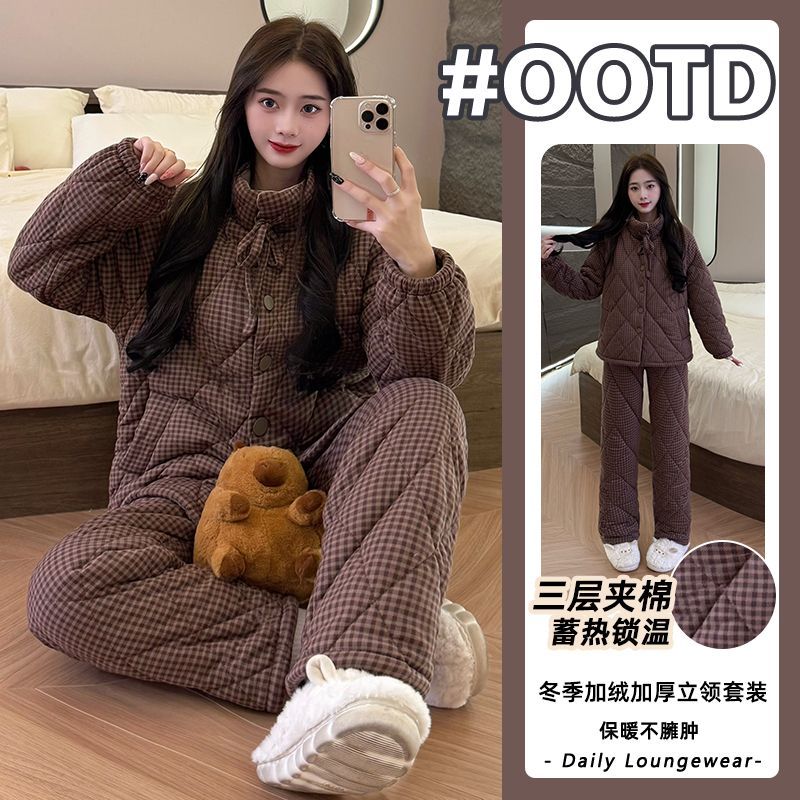 三层夹棉2025年冬季连帽家居服紫棕睡衣女加绒加厚保暖两件套外穿