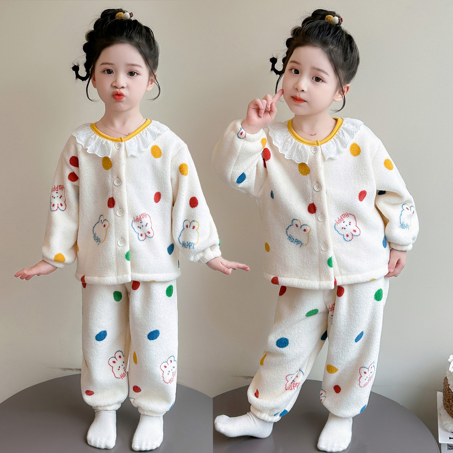 儿童睡衣珊瑚绒秋冬季小女孩花边领开衫套装法兰绒冬款女童家居服