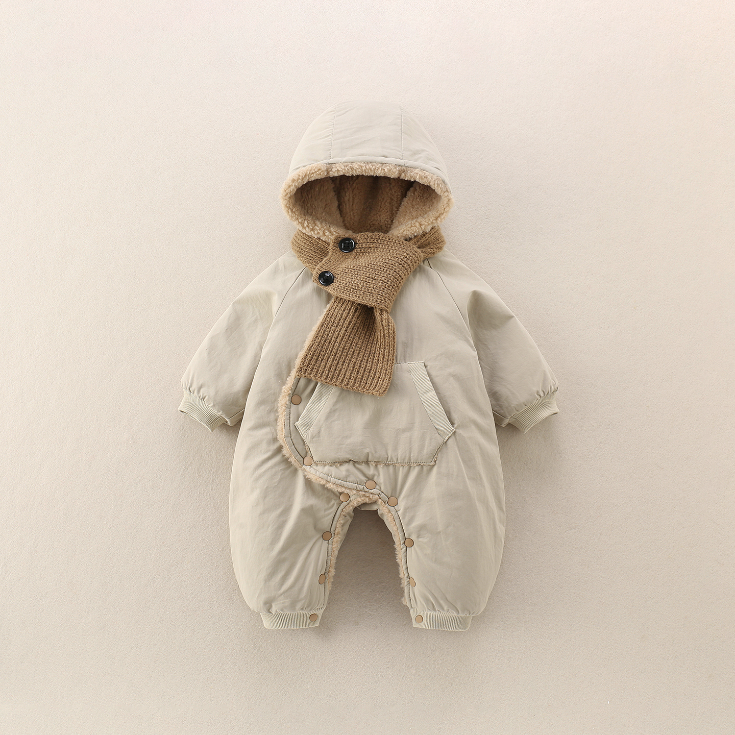 帅气宝宝冬装加绒加厚款围脖棉衣外出棉服婴儿衣服秋冬季连体衣