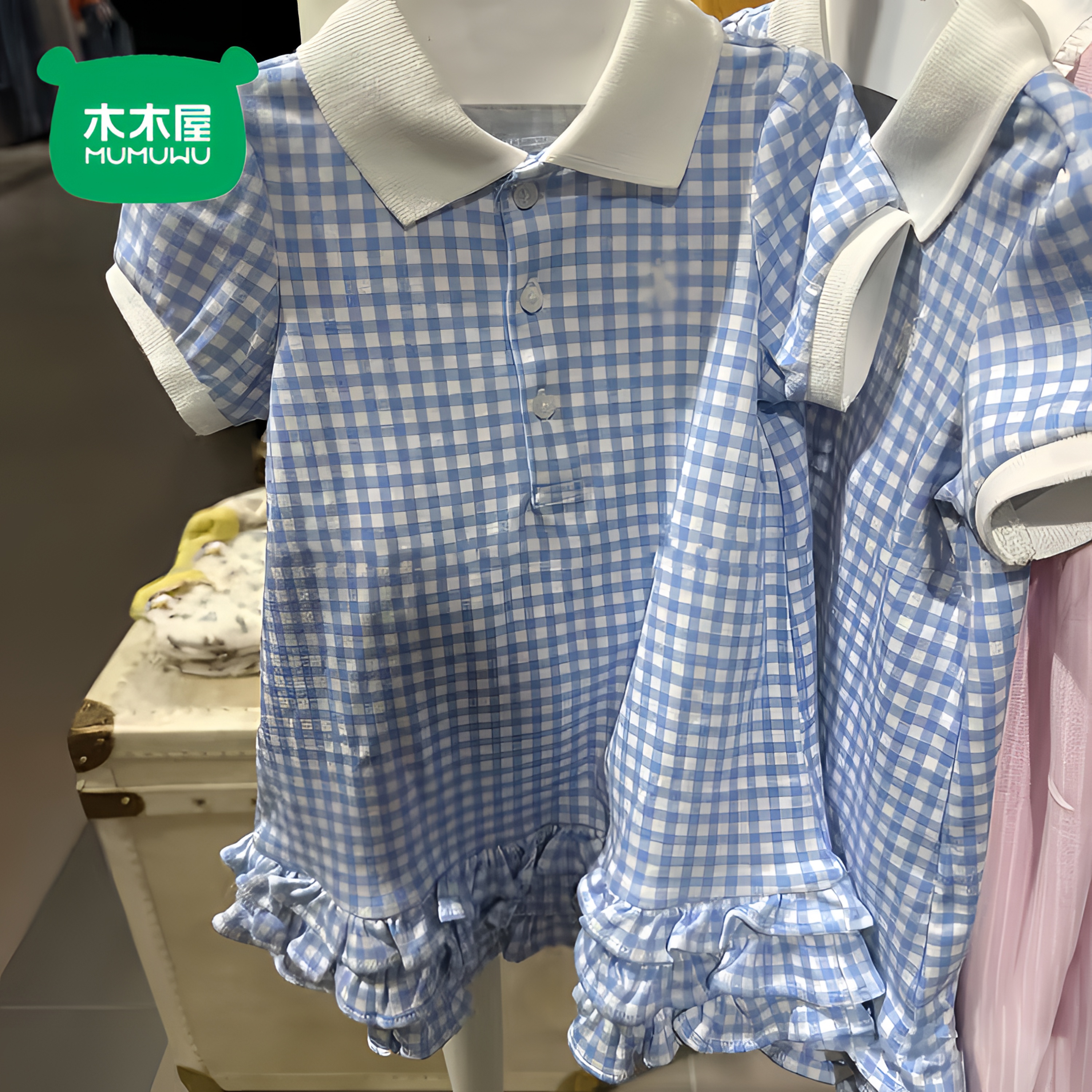 木木屋童装女童蓝格花边公主裙新款春夏季女孩洋气polo领连衣裙潮