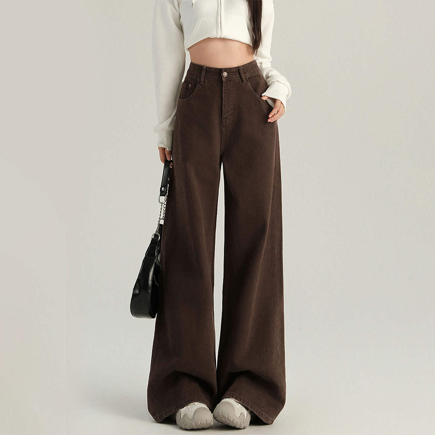 大码咖色高腰显瘦阔腿牛仔裤女秋季款梨形身材宽松百搭垂感直筒裤