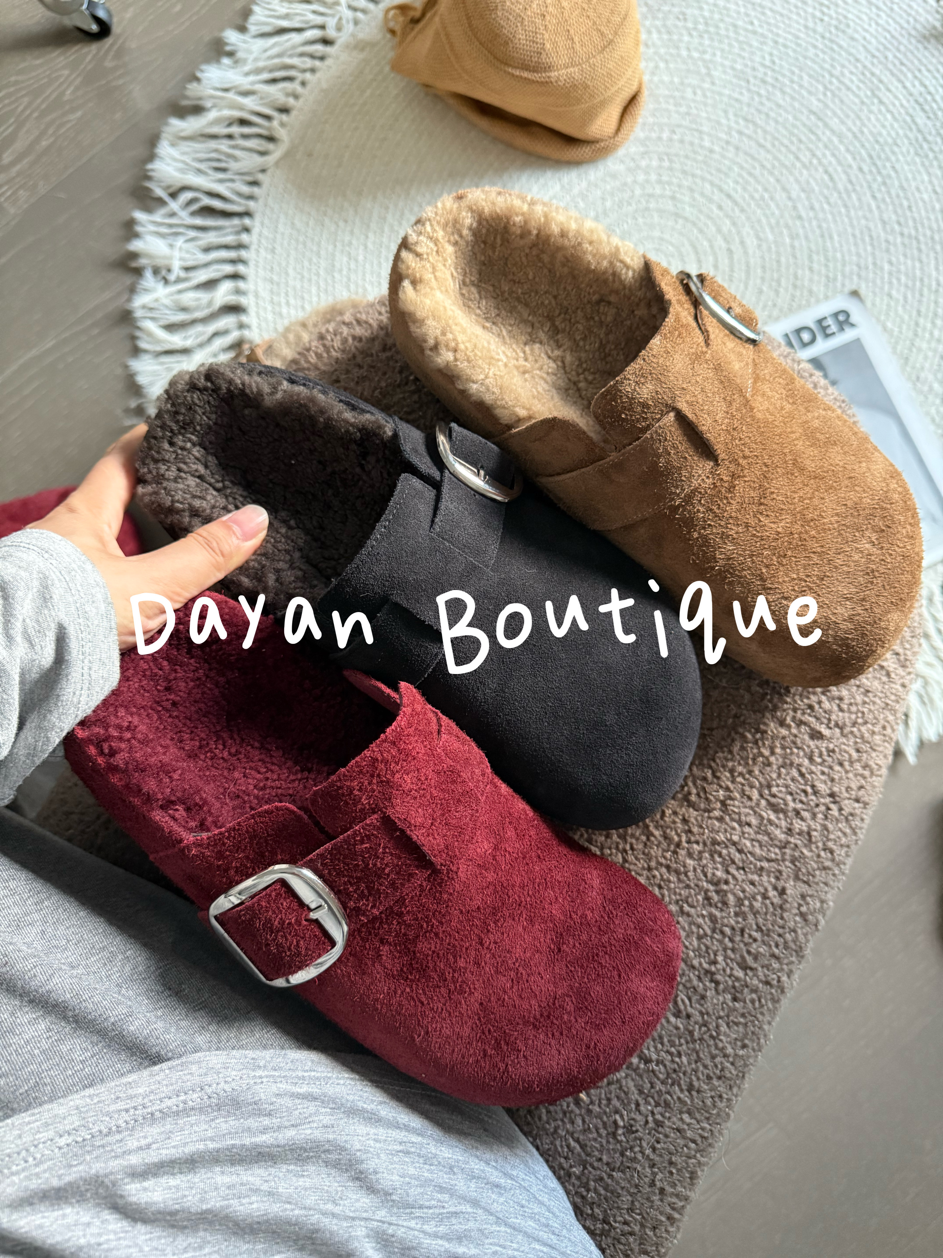 皮带扣牛皮羊毛秋冬保暖包头半拖鞋女外穿厚底2025冬季毛毛拖防滑