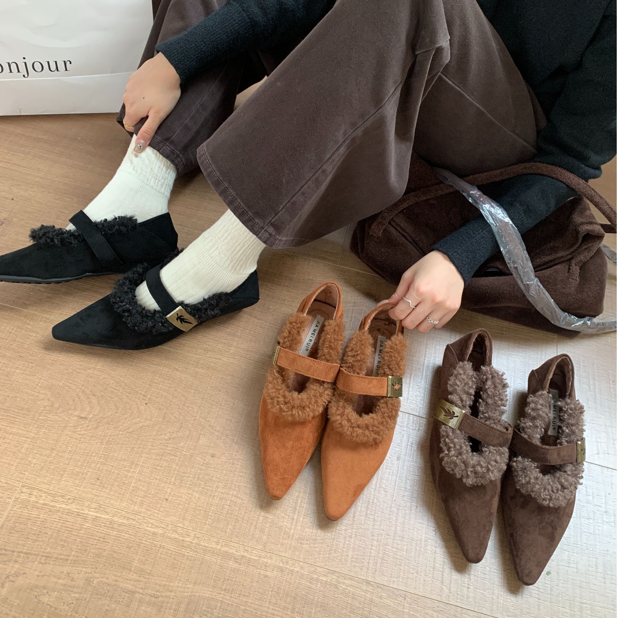 YCE-922-27高级感~法式金属扣毛毛单鞋2025秋冬棉鞋粗跟玛丽珍鞋