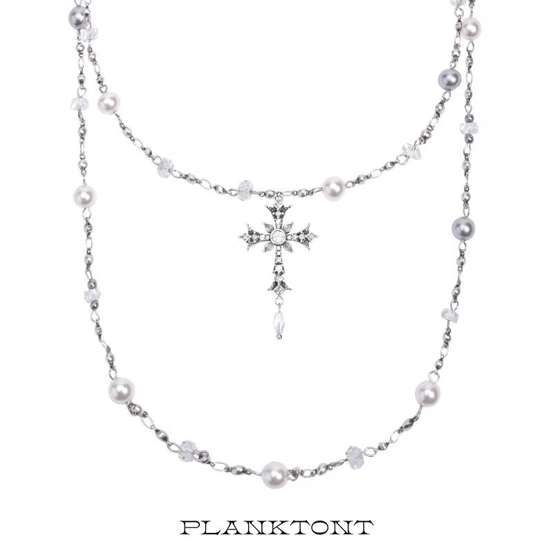合金项链 破碎都市古银十字架长款珍珠水晶叠带复古小众项链