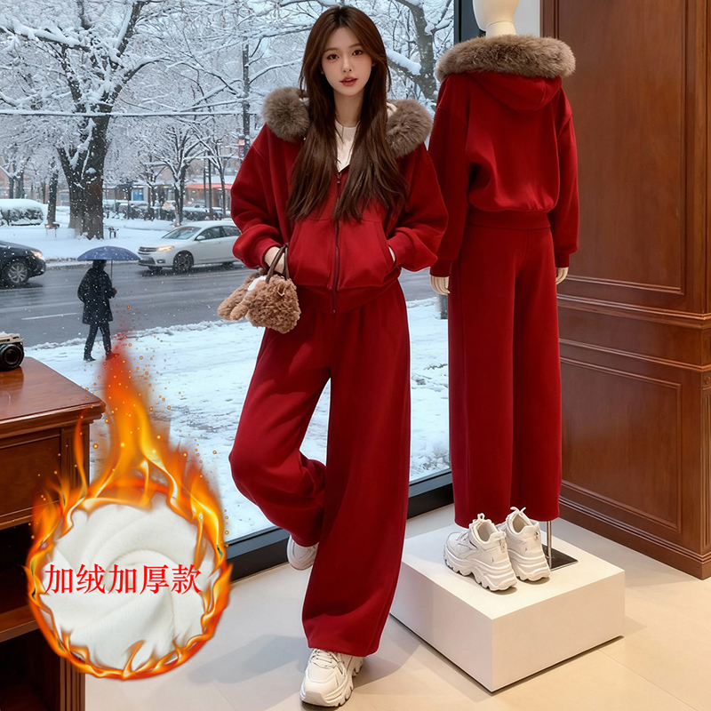 韩系秋冬大毛领保暖加绒厚休闲运动服套装女连帽卫衣阔腿裤两件套