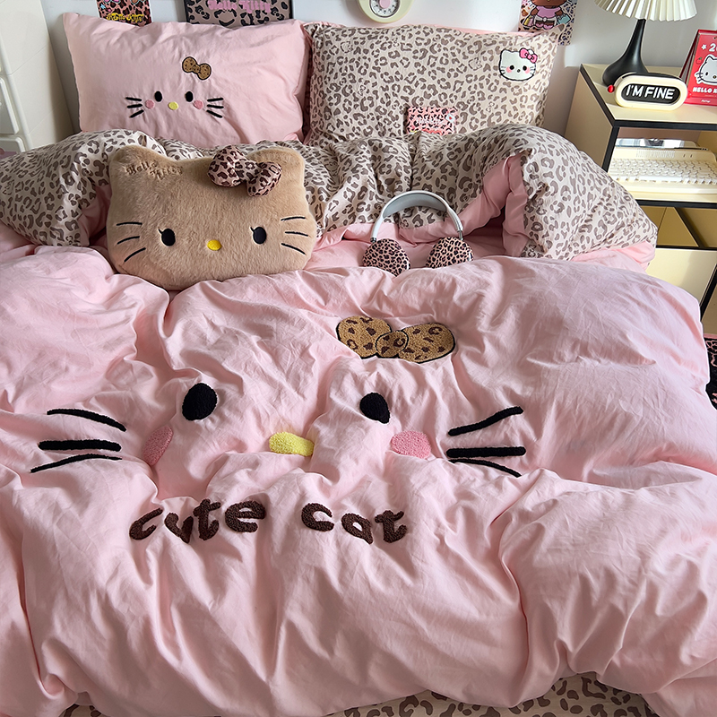 少女ins韩系可爱豹纹猫咪毛巾绣水洗棉四件套四季通用宿舍三件套