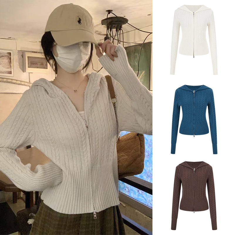 Moses Queen/魔西女王温柔风麻花连帽针织开衫慵懒双拉链毛衣外套