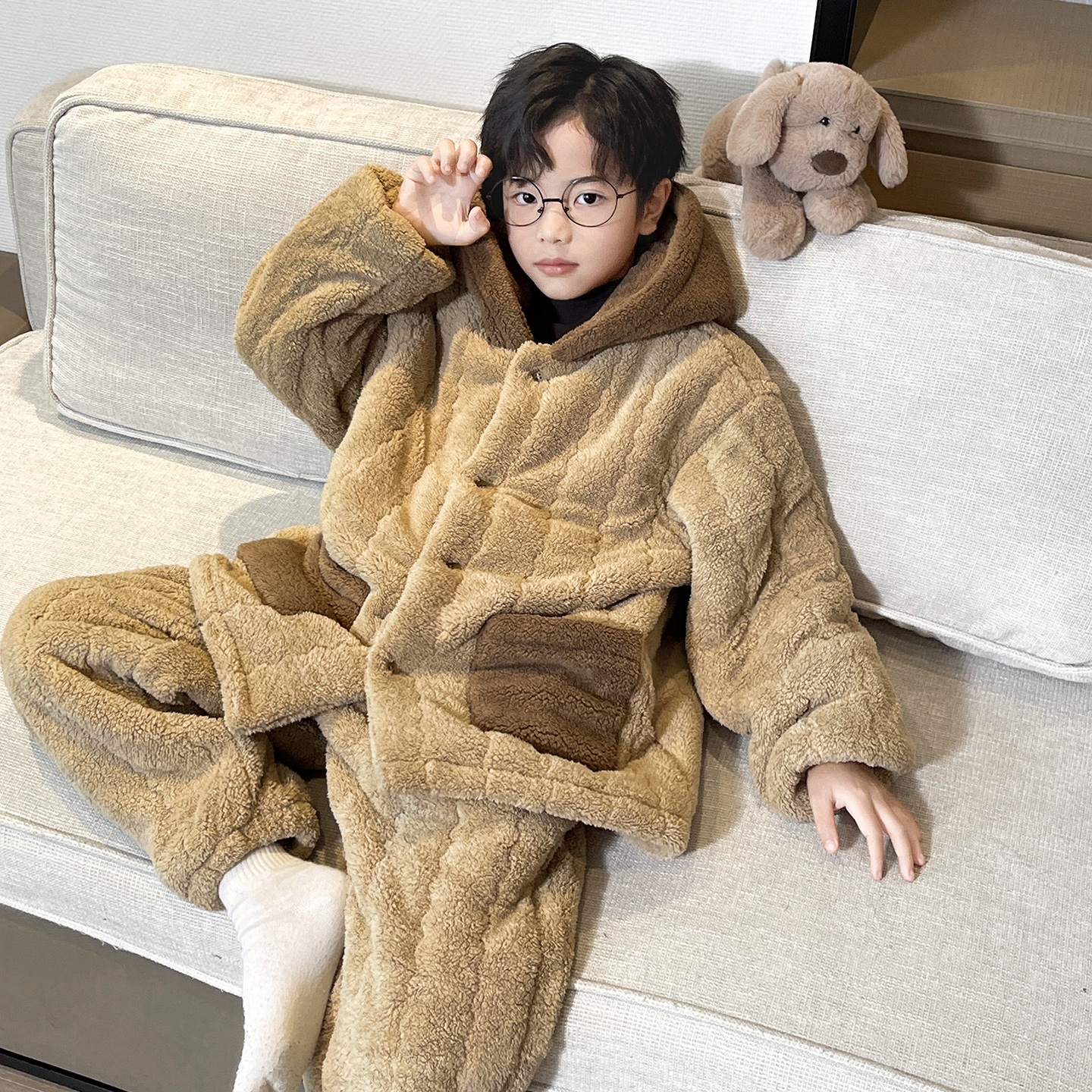 男童珊瑚绒睡衣2025新款青少年男孩冬季加绒加厚儿童法兰绒家居服