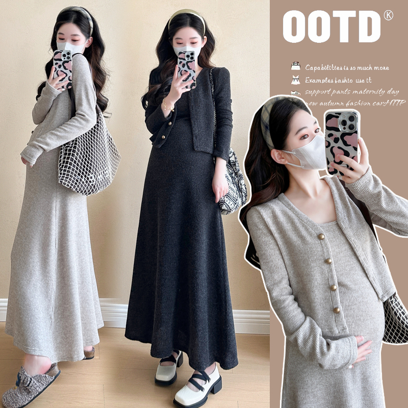 秋季孕妇装韩版显瘦洋气款高级感开衫减龄孕妇连衣裙两件套