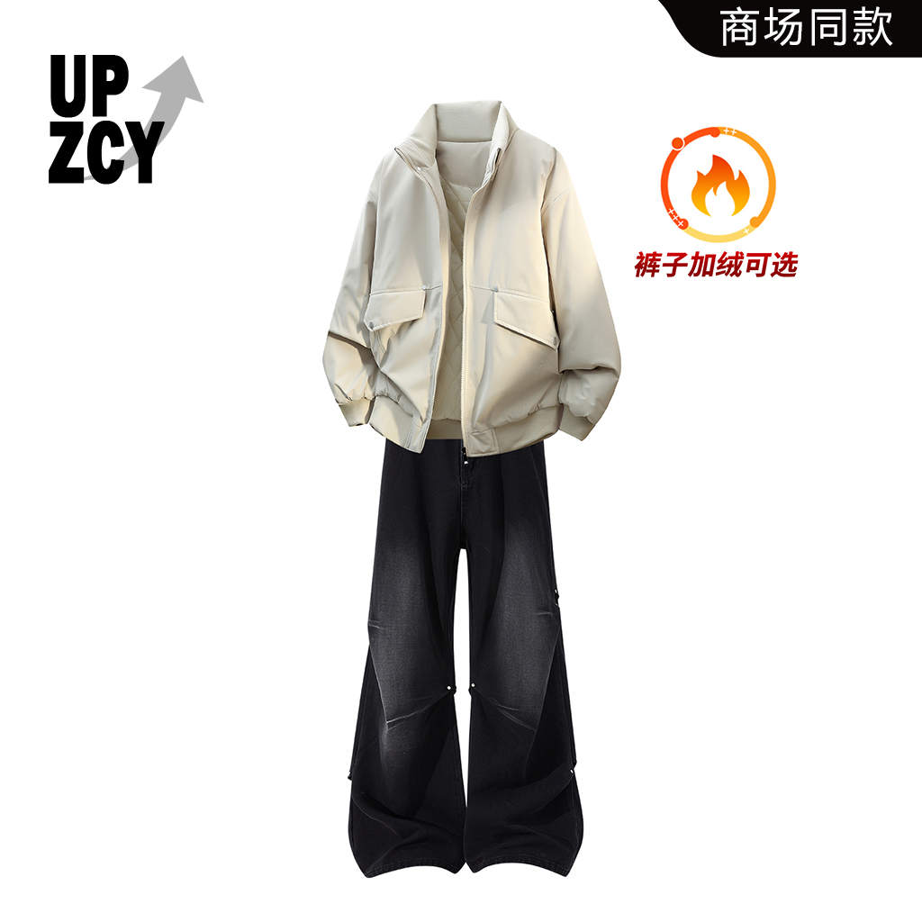 UPZCY美式街头复古潮流棉服男装2025冬季新款休闲百搭加绒牛仔裤