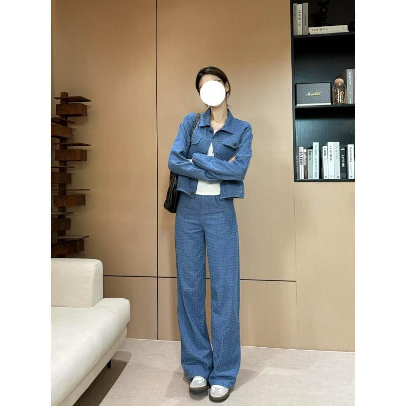 小香风格纹牛仔套装女2025年春秋新款高级感洋气显瘦套裤AM25607